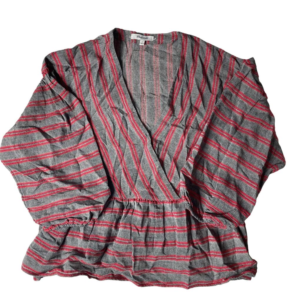 Madewell Striped Bubble Sleeve Peplum Top Blouse Size Small Women's V-Neck